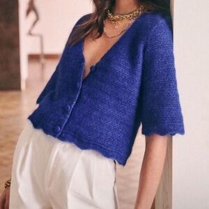 SEZANE Lilou Scalloped Mohair Jumper Cardigan Sweater in Royal Blue | Fits M |